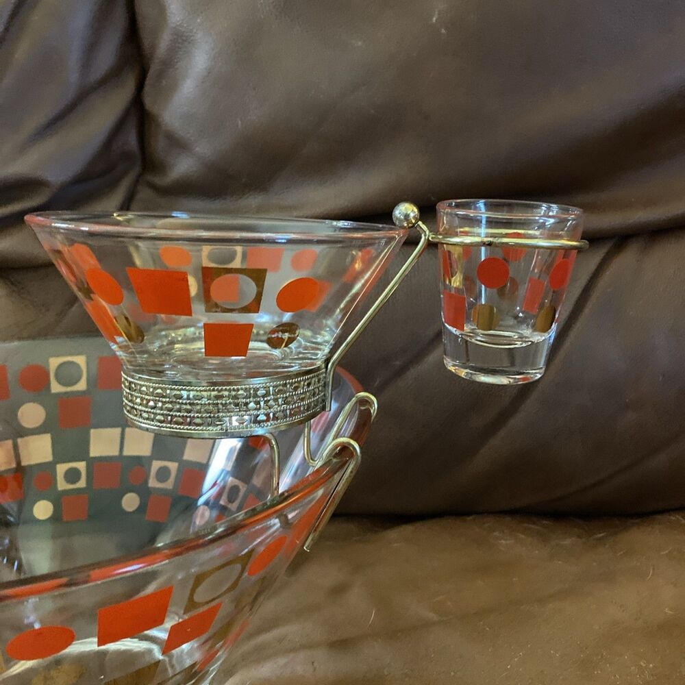 Vintage MCM Glass Shrimp Chip Dip Bowl Retro 50s Entertaining Atomic Red Gold - Picture 2 of 6